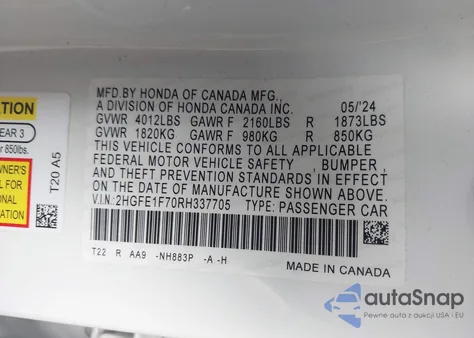 2024 Honda Civic Ex из США, поврежденный, VIN 2HGFE1F70RH337705